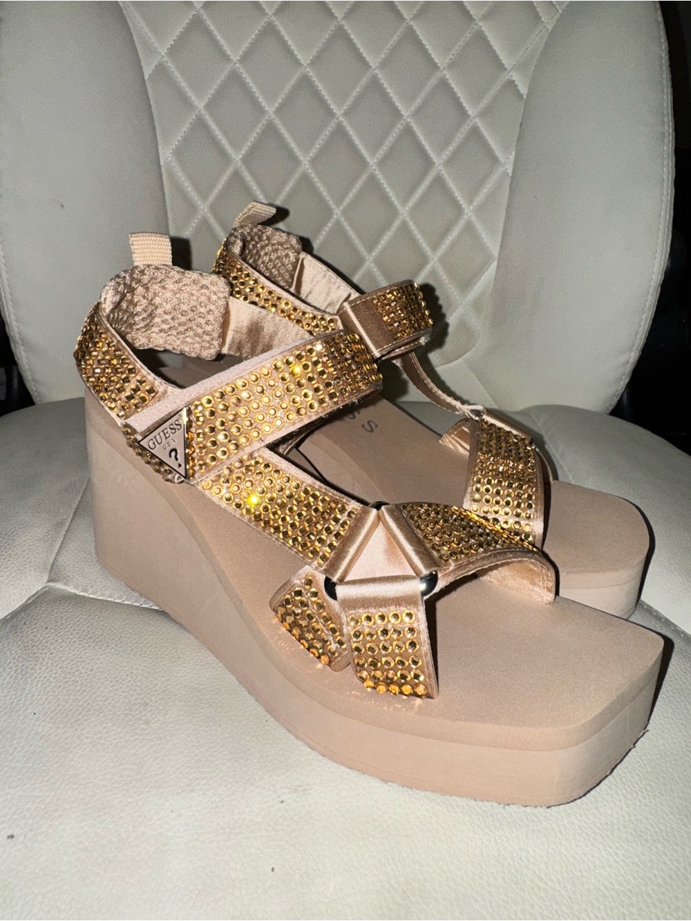 GUESS Rose Gold Jeweled Platform Wedge Sandals